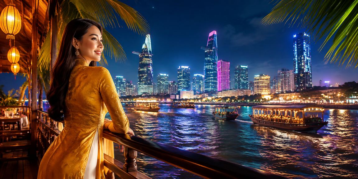 Người phụ nữ mặc áo dài theo dõi cược thể thao bên sông Mekong