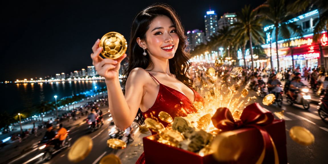 Không gian giải trí casino trực tuyến ban đêm tại Quy Nhơn với ánh đèn neon rực rỡ